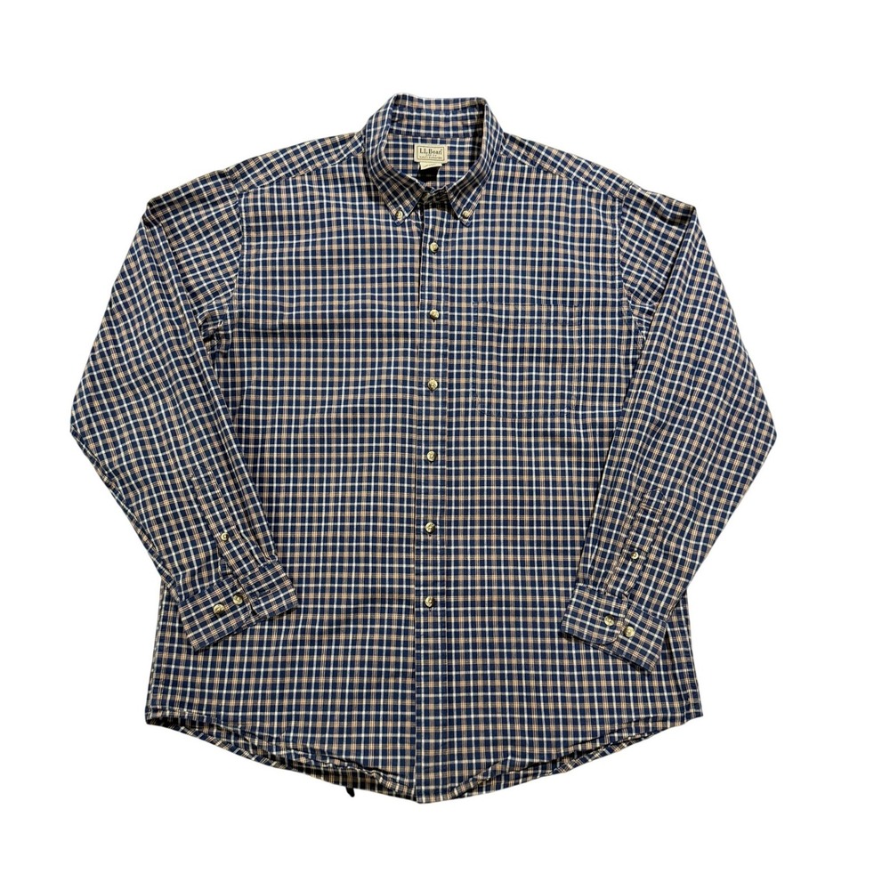 L.L. Bean Mens Plaid Button Down Shirt Blue Brown Cotton L Reg